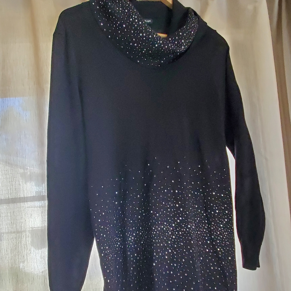 Cable and gauge cowl neck sweater with beading